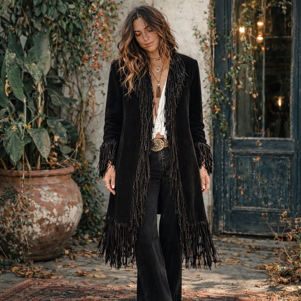 VTG B Lucid Black Suede Fringe Duster Jacket XS  Boho Festival Coat